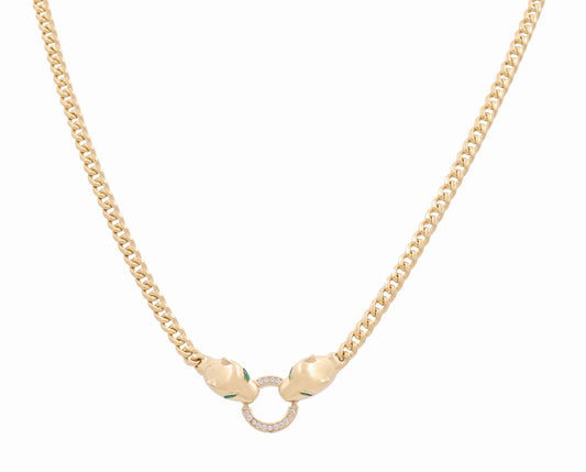 14K Yellow Gold Cuban Link Women's Necklace with Panthers and Cz / Size: 18" / Weight: 12.6 GR / DONK4CLPT