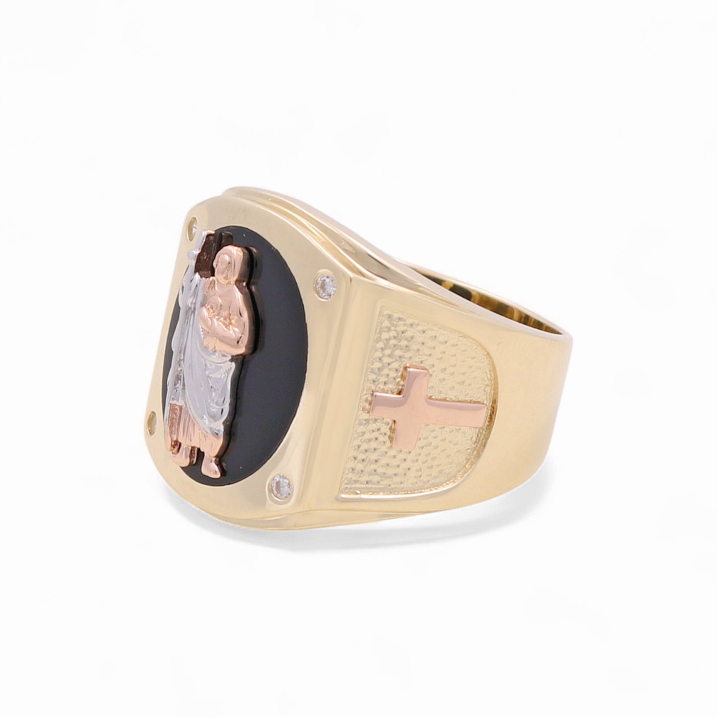 14K Yellow, White and Rose San Judas Men's Ring with Onyx and Cz / Size: 10 / Weight: 10.7 GR / KEEMR3T4SJ