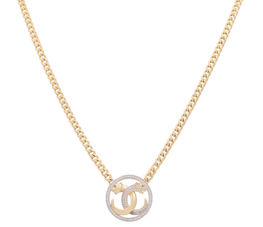 14K Yellow Gold Cuban Link Women's CC Necklace with Panthers and Cz / Size: 18" / Weight: 14.8 GR / DONK4CCPT