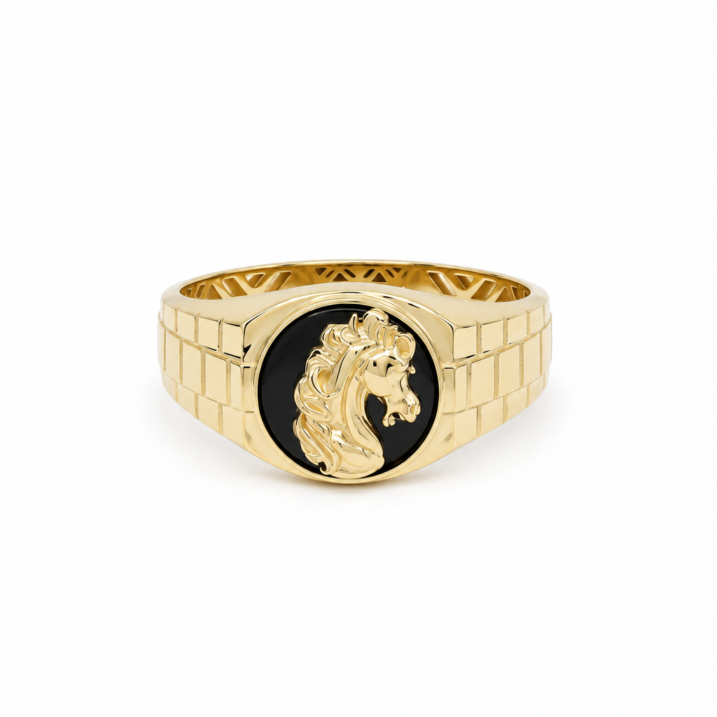 14K Yellow Gold Horse Men’s Ring with Onyx / Size 10.5 / Weight: 4.6 GR / DQMR4HRS