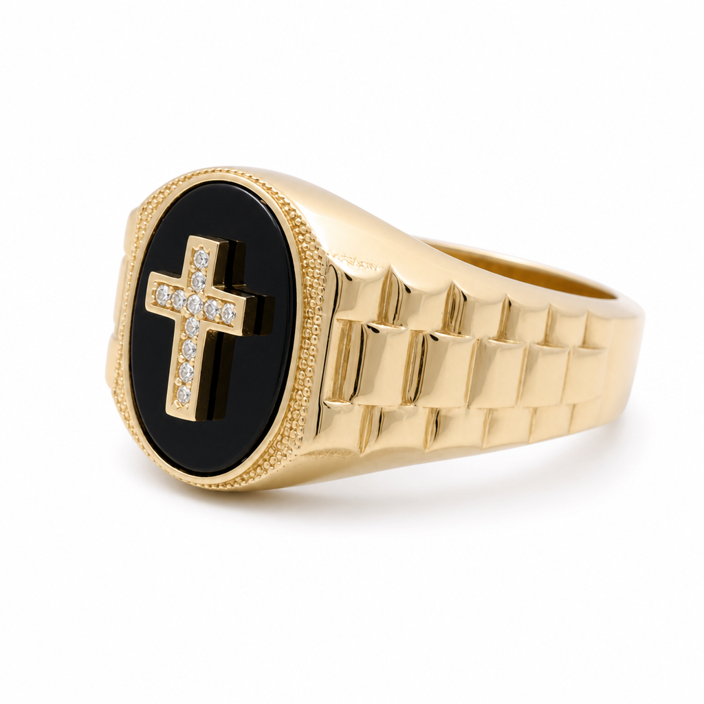 14K Yellow Gold Oval Men's Ring with Cross and Onyx / Stone: Cz / Size:11  / Weight: 6.3 GR / CQMR4CS-1