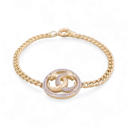 14K Yellow Gold Cuban Link Women's CC Bracelet with Panthers and Cz / Size: 7.5" / Weight: 8.3 GR / DOWB4CCPT