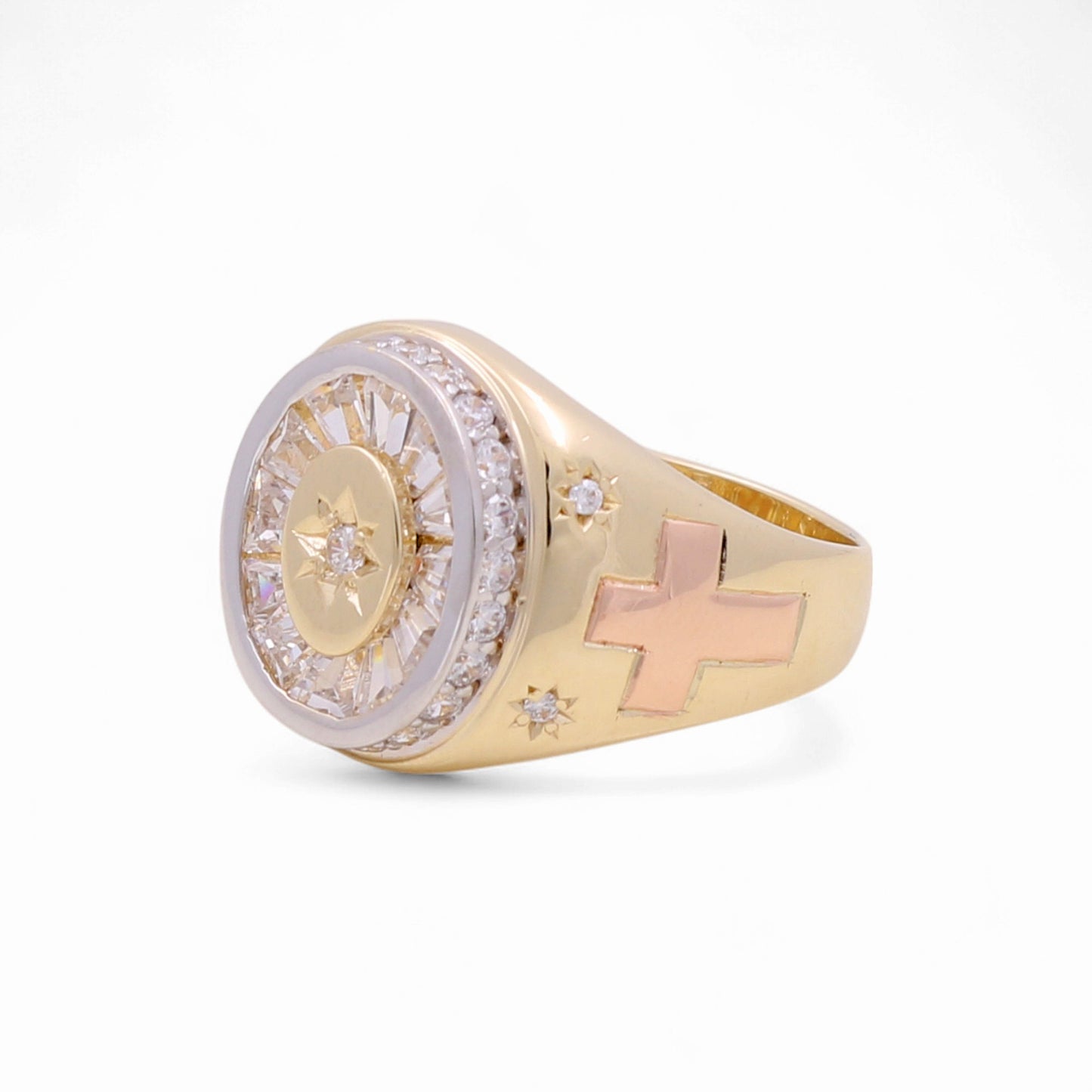 14K Yellow, White and Rose Fashion Men's Ring with Cross and Cz / Size: 10 / Weight: 8.8 GR / KEEMR3T4FS-1