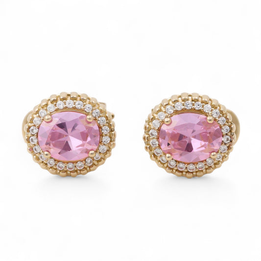 10K Yellow Gold Fashion Omega Stud Earrings with Pink and White Stones / Weight: 4.6 GR / CQES0FS