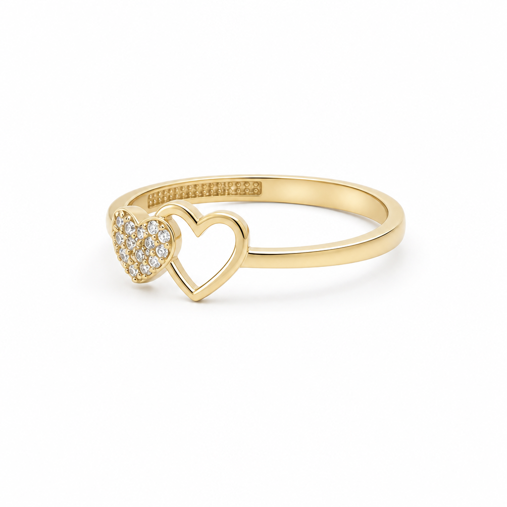 14K Yellow Gold Two Hearts Women's Ring with Cz / Size: 9 / Weight: 1.3 GR / DQWR4HR-28