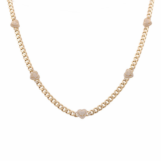 10K Yellow Gold Monaco Women's Necklace with Hearts and White Cz / Size: 17.5” / Weight: 12.2 GR / P18N-4