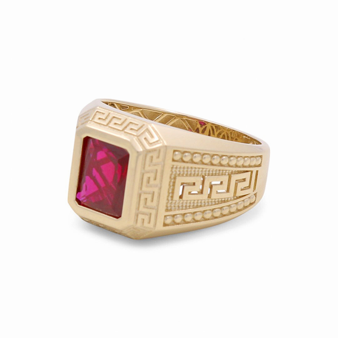 10K Yellow Gold Greek Men's Ring with Red Cz / Size: 10 / Weight: 6.4 GR / DPMR0GR