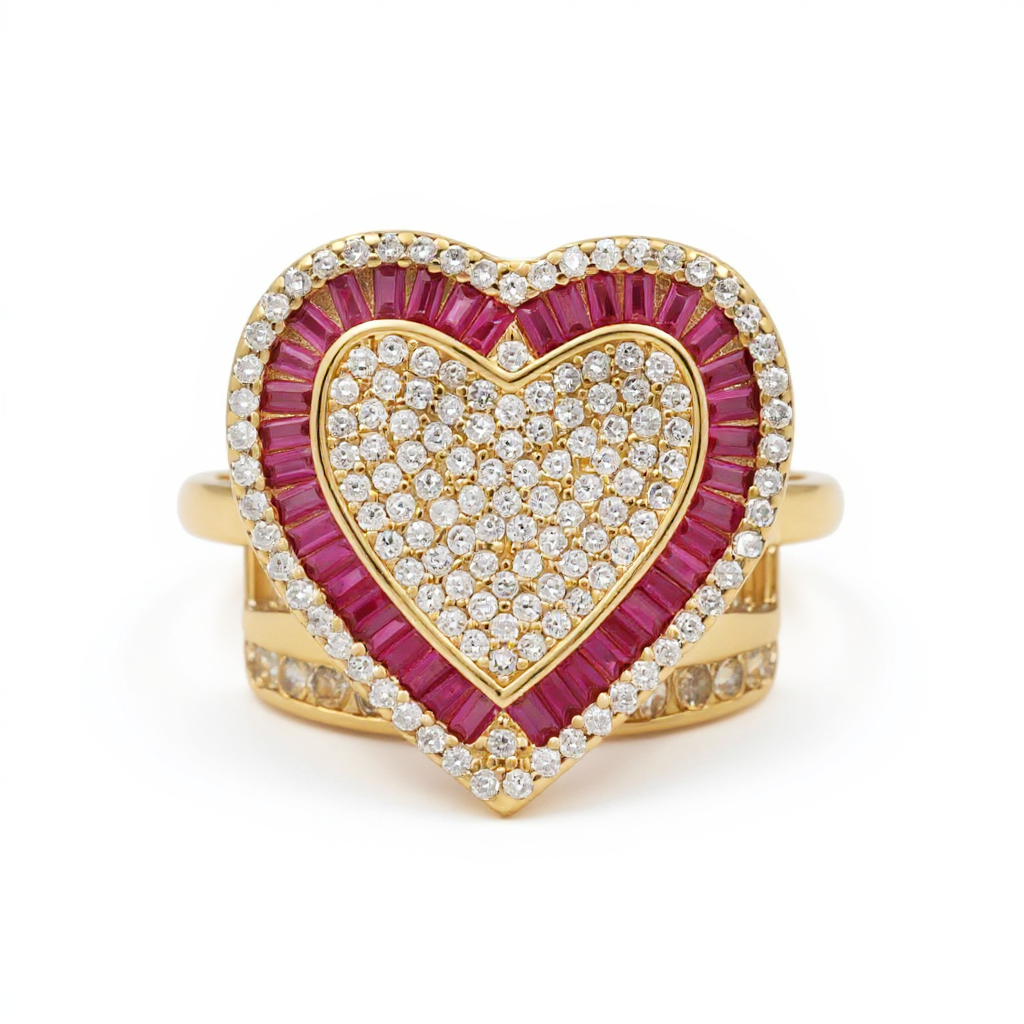 14K Yellow Gold Women's Baguette Heart Ring with Cz / Size: 7.5 / Weight: 10.6 GR / DOWR4HR-5