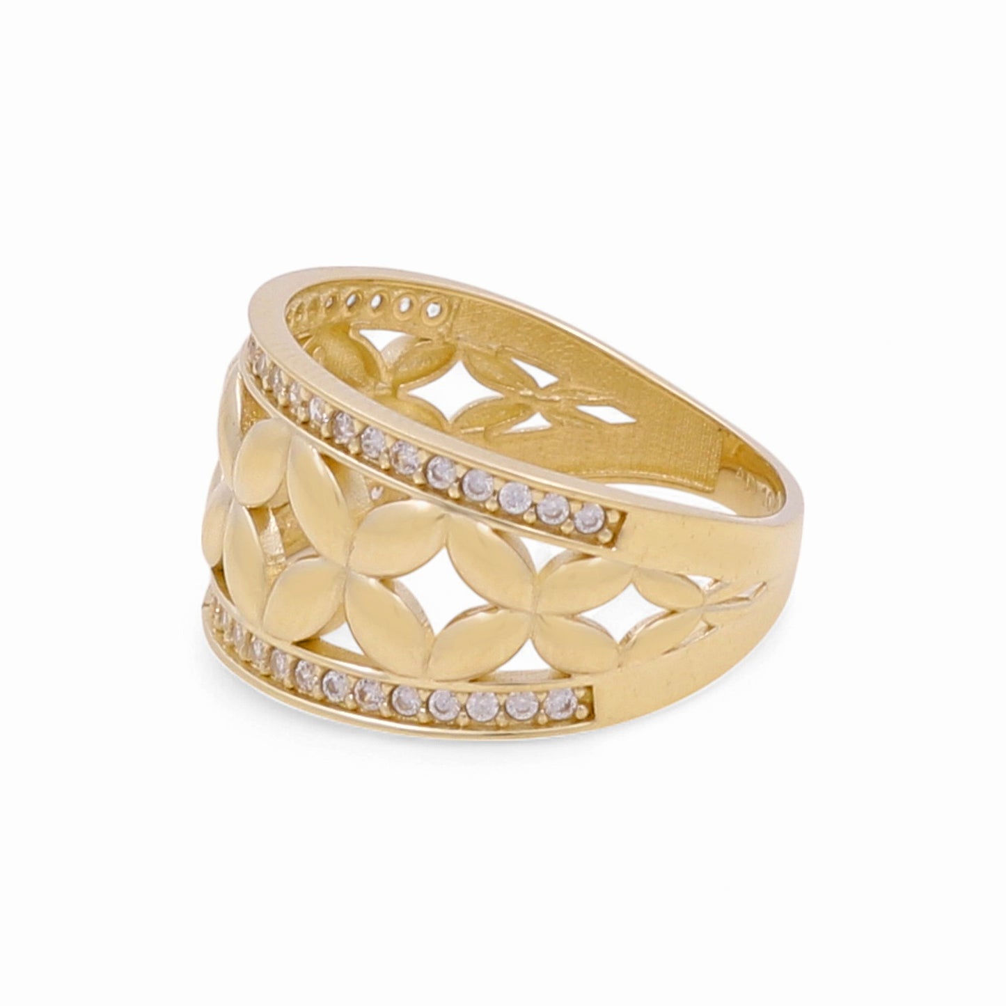 14K Yellow Gold Flowers Women's Ring with White Cz / Size: 9 / Weight: 3.2 GR / DQWR4FL-4