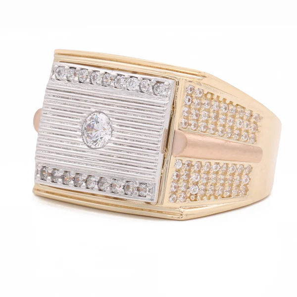 14K Yellow Gold Three Tone Rectangular Mens Ring with Cz / Size 10 / Weight 10.9 GR / COMR4RCT3TCZ