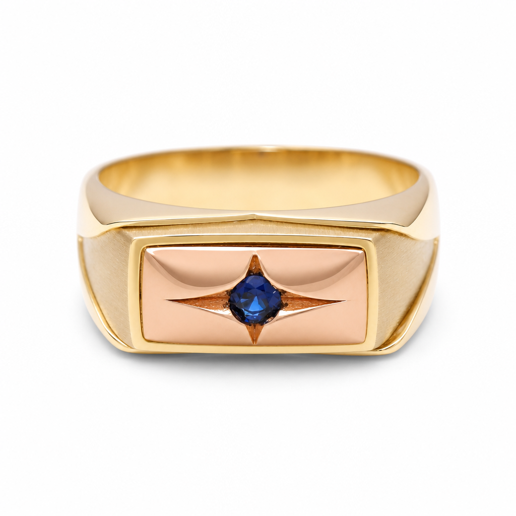 14K Yellow and Rose Gold Fashion Men's Ring with Blue Cz / Size: 10 / Weight: 4.3 GR / DQMRTT4FS-3