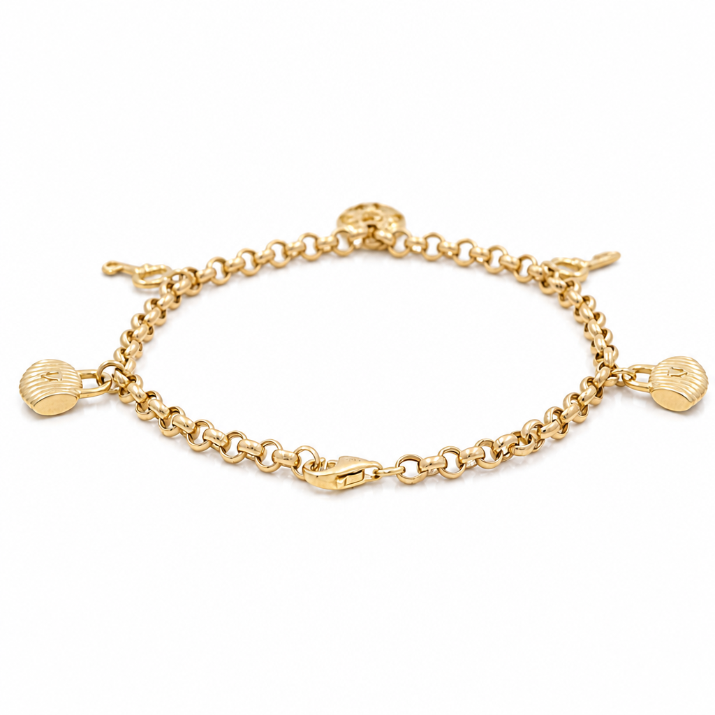 10k Yellow Gold Fashion Rolo Women's Bracelet with Hanging Charms / Size: 7.5" / Weight: 4.5 GR / DQWB0FS-9