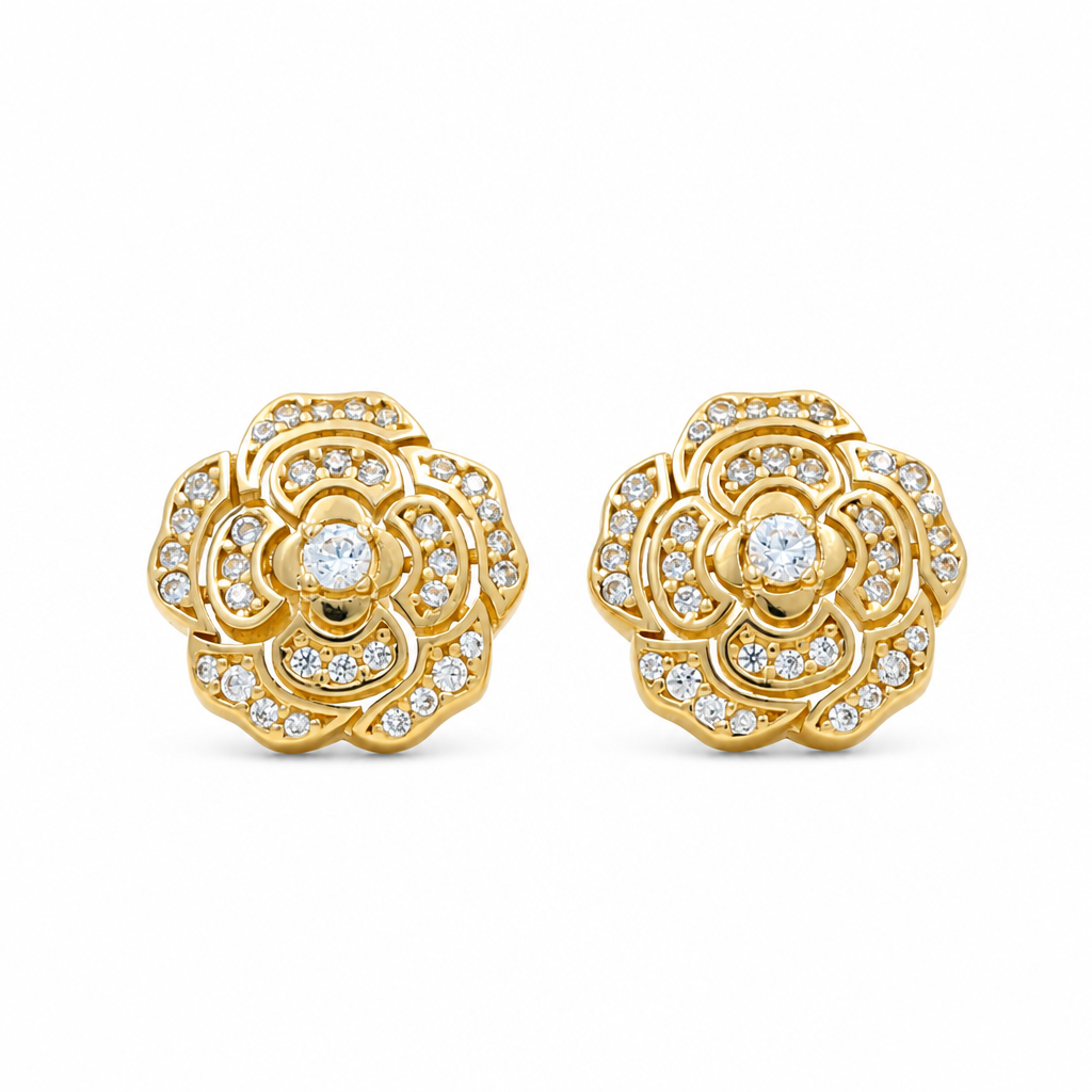 14K Yellow Gold Flower Women's Stud Earrings with Cz / Weight: 3.2 GR / DQES4FL-6