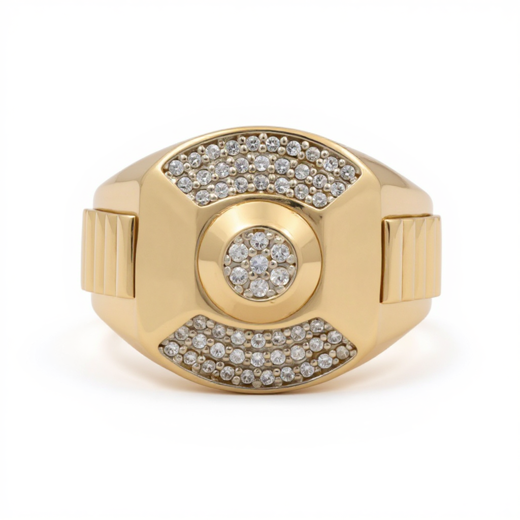14K Yellow Gold Fashion Men’s Ring with White Stones / Size 10 / Weight: 6.5 GR / DOMR4FS-16