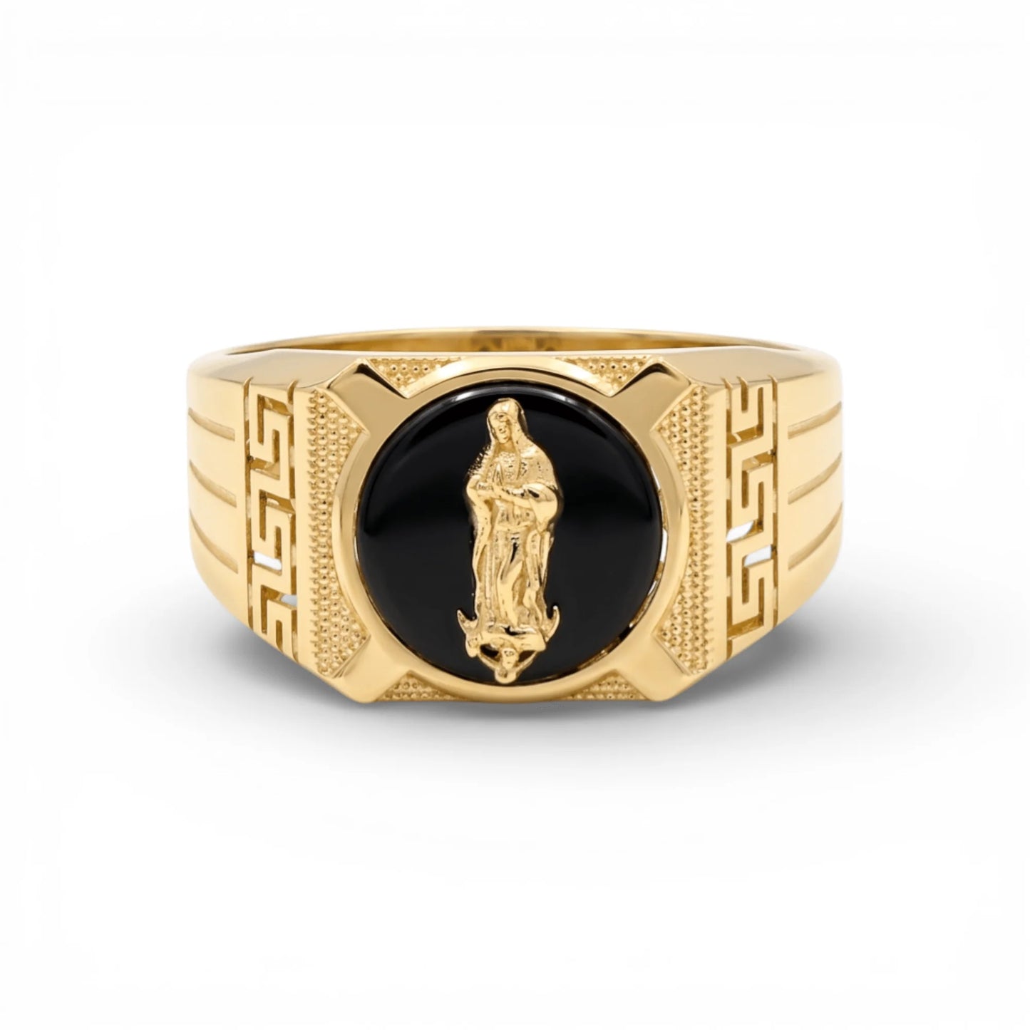 14K Yellow Gold Virgen Guadalupe Men's Ring with Onyx / Size: 10 / Weight: 4.7 GR / CQMR4VG