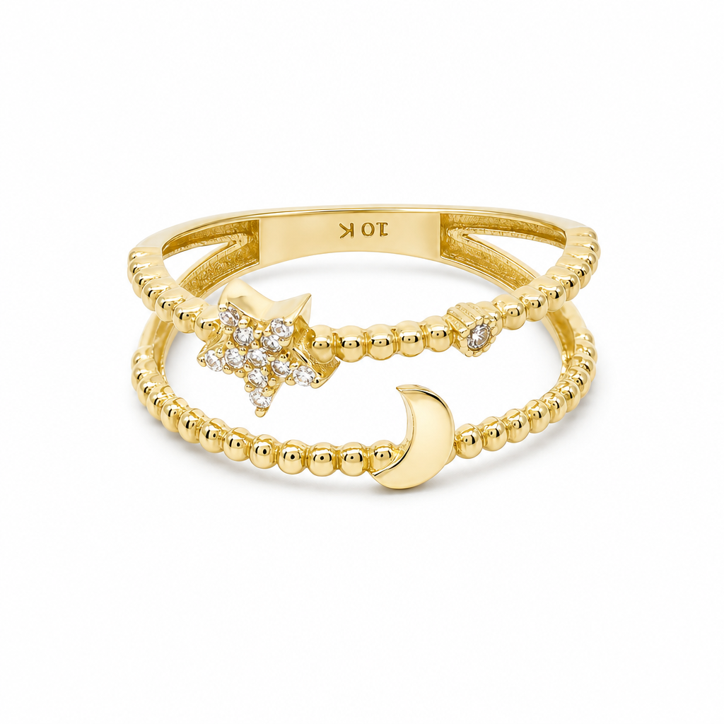 10K Yellow Gold Women's Ring With Moon and Star / Size: 8 / Stone CZ / Weight: 1.6 GR / DQWR0ST-4
