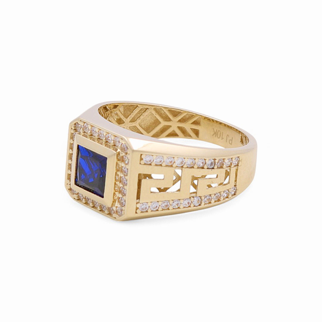 10K Yellow Gold Greek Men's Ring with Blue Cz / Size: 11 / Weight: 5.4 GR / DPMR0GR-1