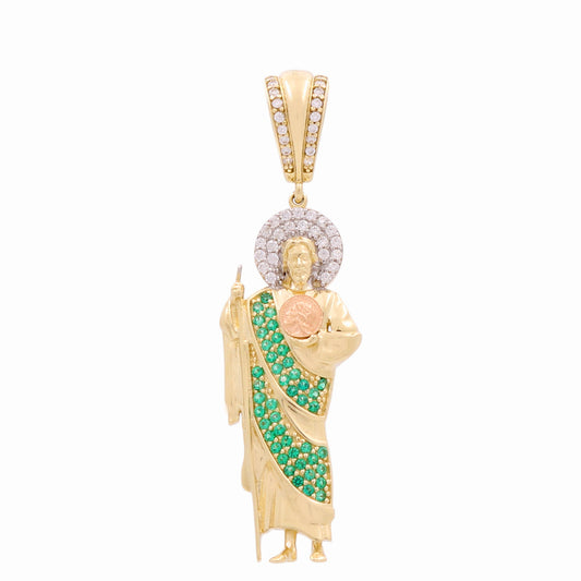 10K Yellow Gold San Judas Pendant with Green Cz / Weight: 2.5GR / DQPDTT0SJ