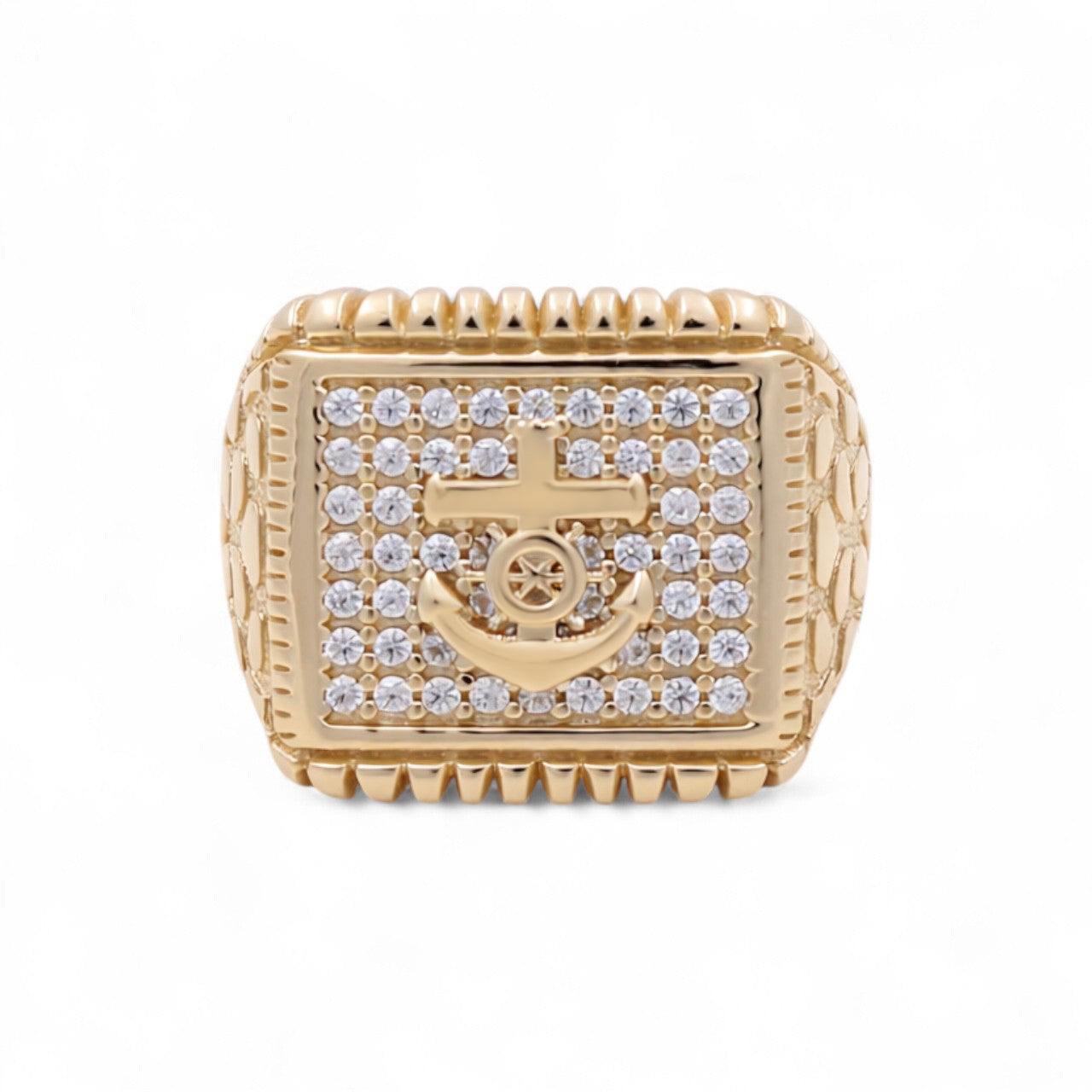 14K Yellow Gold Anchor Men's Ring with Cz and Nugget / Size: 10.5 / Weight: 8.2 GR / COMR4AN-1