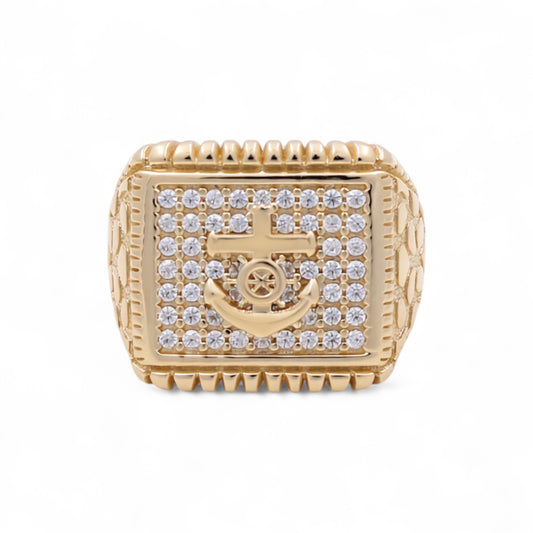 14K Yellow Gold Anchor Men's Ring with Cz and Nugget / Size: 10.5 / Weight: 8.2 GR / COMR4AN-1