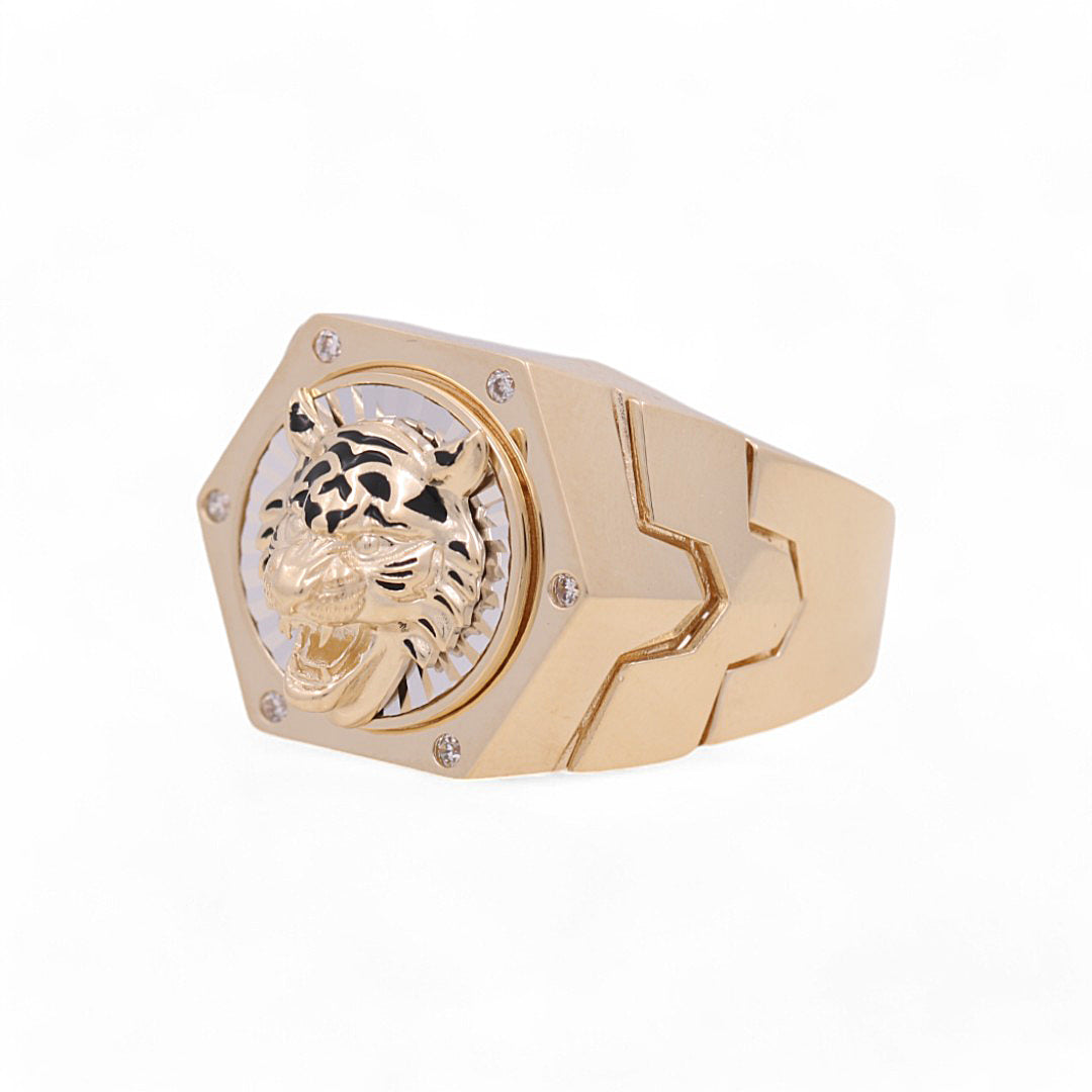 14K Yellow and White Gold Tiger Men's Ring / Stone: CZ / Size: 9.5 / Weight: 9.9 GR / 711-00089