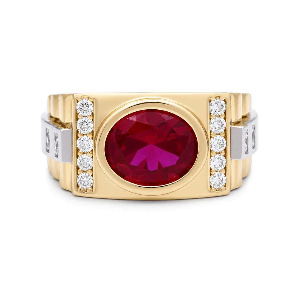 14K Yellow and White Gold Fashion Men’s Ring with Red Cz / Size 10.5 / Weight: 10.3 GR / COMRTT4FS-8