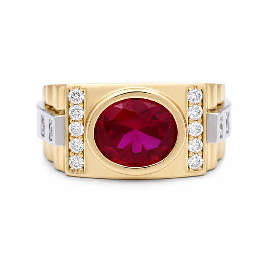 14K Yellow and White Gold Fashion Men’s Ring with Red Cz / Size 10.5 / Weight: 10.3 GR / COMRTT4FS-8