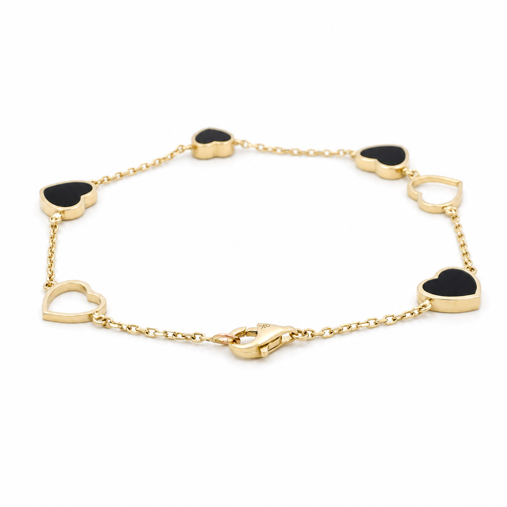 10K Yellow Gold Fashion Black Hearts Women's Bracelet / Cz / Size: 7” / Weight: 4.2 GR / CQWB0FSHR