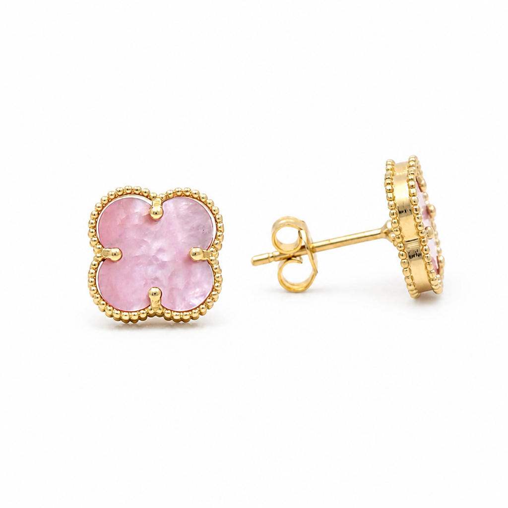 14K Yellow Gold Pink Clover Stud Earrings / Size: 11MM / Weight: 1.7 GR / CQES4CLV