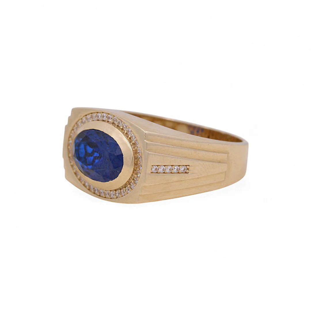 14K Yellow Gold Fashion Men’s Ring / CZ / Blue Stone / Size 10 / Weight: 7.8 GR / BOMR4FS-30