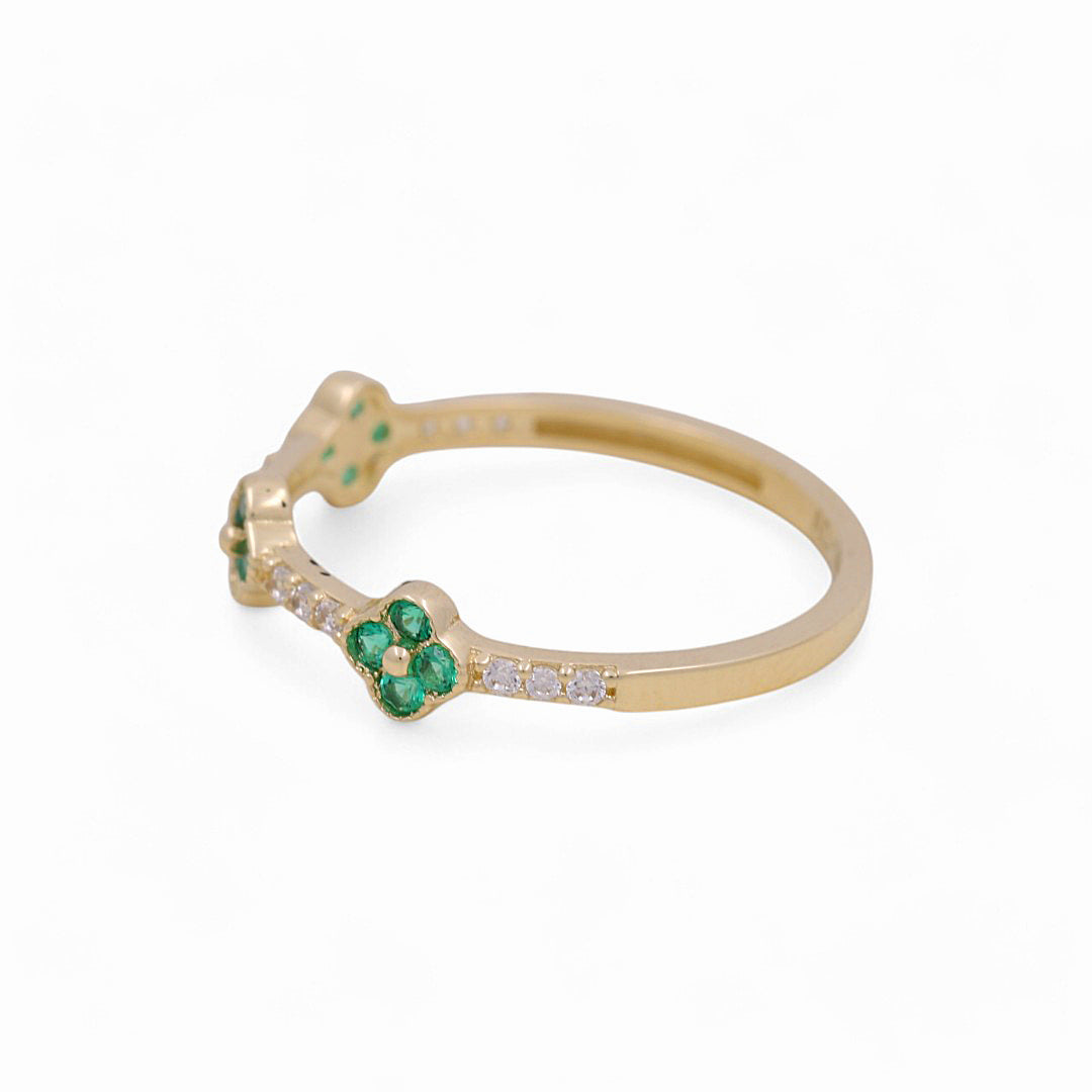 14K Yellow Gold Three Flower Women's Ring with Green Cz / Size: 7 / Weight: 1.2 GR / Y24-1259