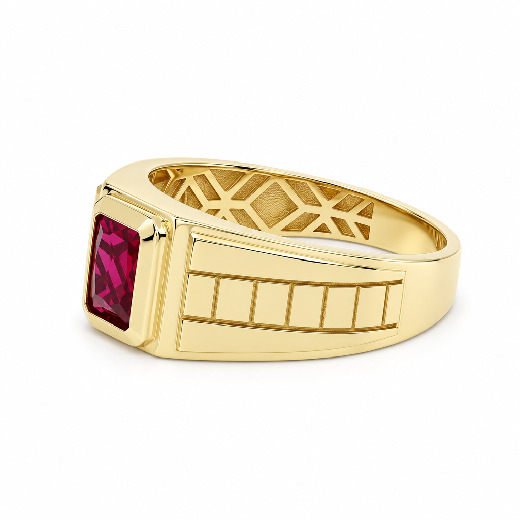 14K Yellow Gold SQ Fashion Men's Ring with Red Cz / Size: 10 / Weight: 4.5 GR / DQMR4FS-15