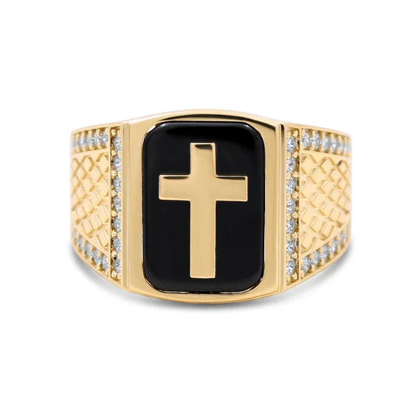 14K Yellow Gold SQ Cross Men's Ring with Onyx and Cz / Size:11.5 / Weight: 7.9 GR / CQMR4CS