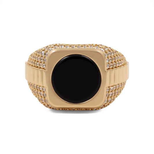 14K Yellow Gold Fashion SQ Men's Ring with Onyx and Cz / Size: 11 / Weight: 7.6 GR / CQMR4FS-1