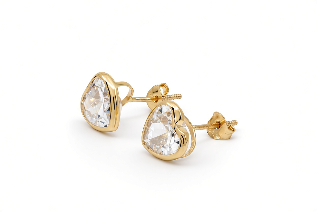 14K Yellow Gold Fashion Heart Stud Earrings with Cz Stone / 6-523501PS8