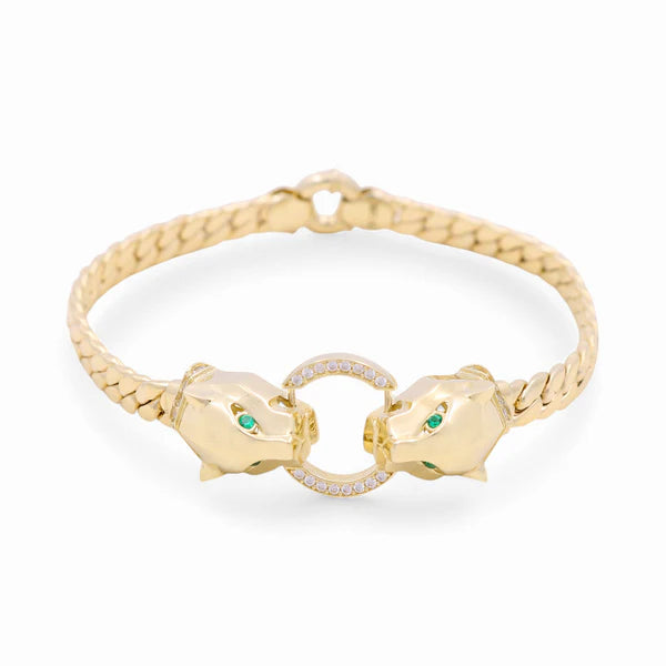 10K Yellow Gold Cuban Link Women's Bracelet with Panthers and Cz / Size: 7.5" / Weight: 9.9GR / P10S-89