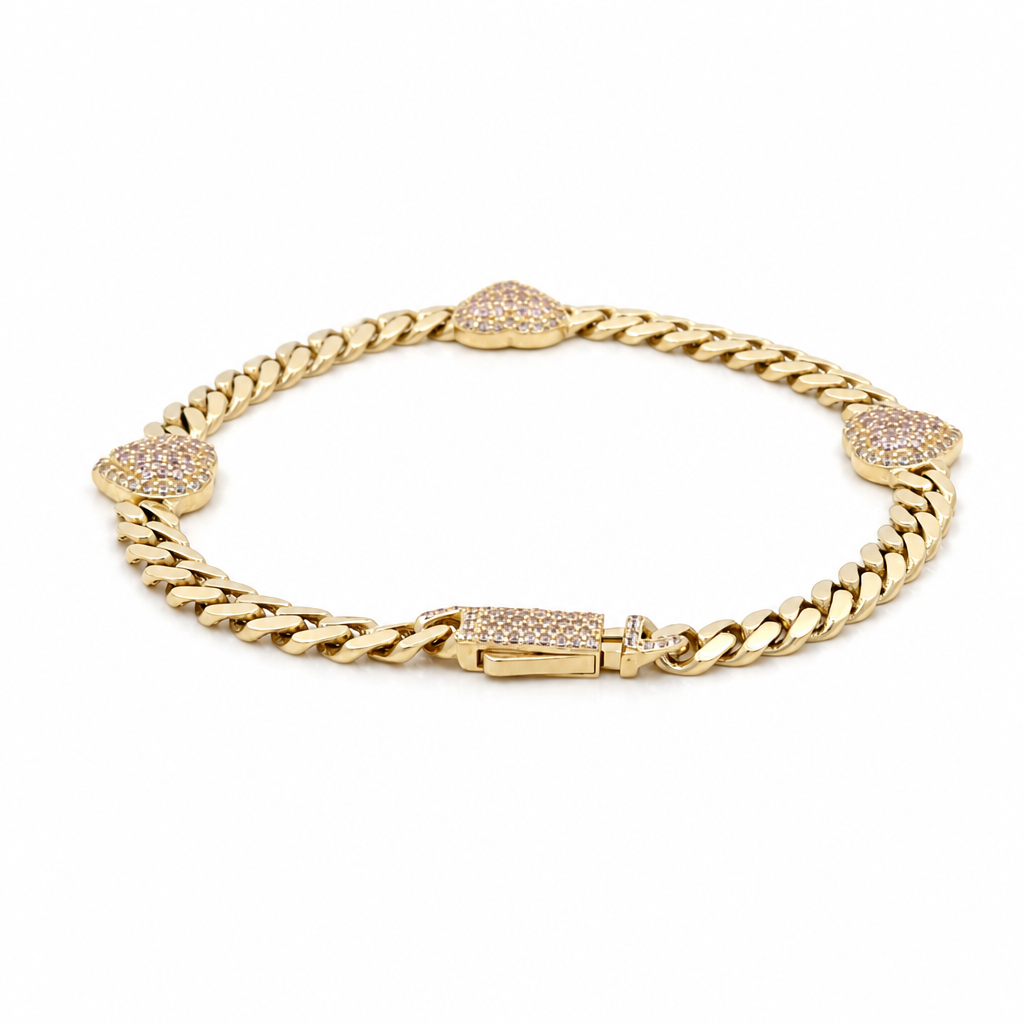 10K Yellow Gold Monaco Women's Bracelet with Three Pink Hearts / CZ / Size: 5mm 7.5" / Weight: 6.8 GR / DQWB0MONHR