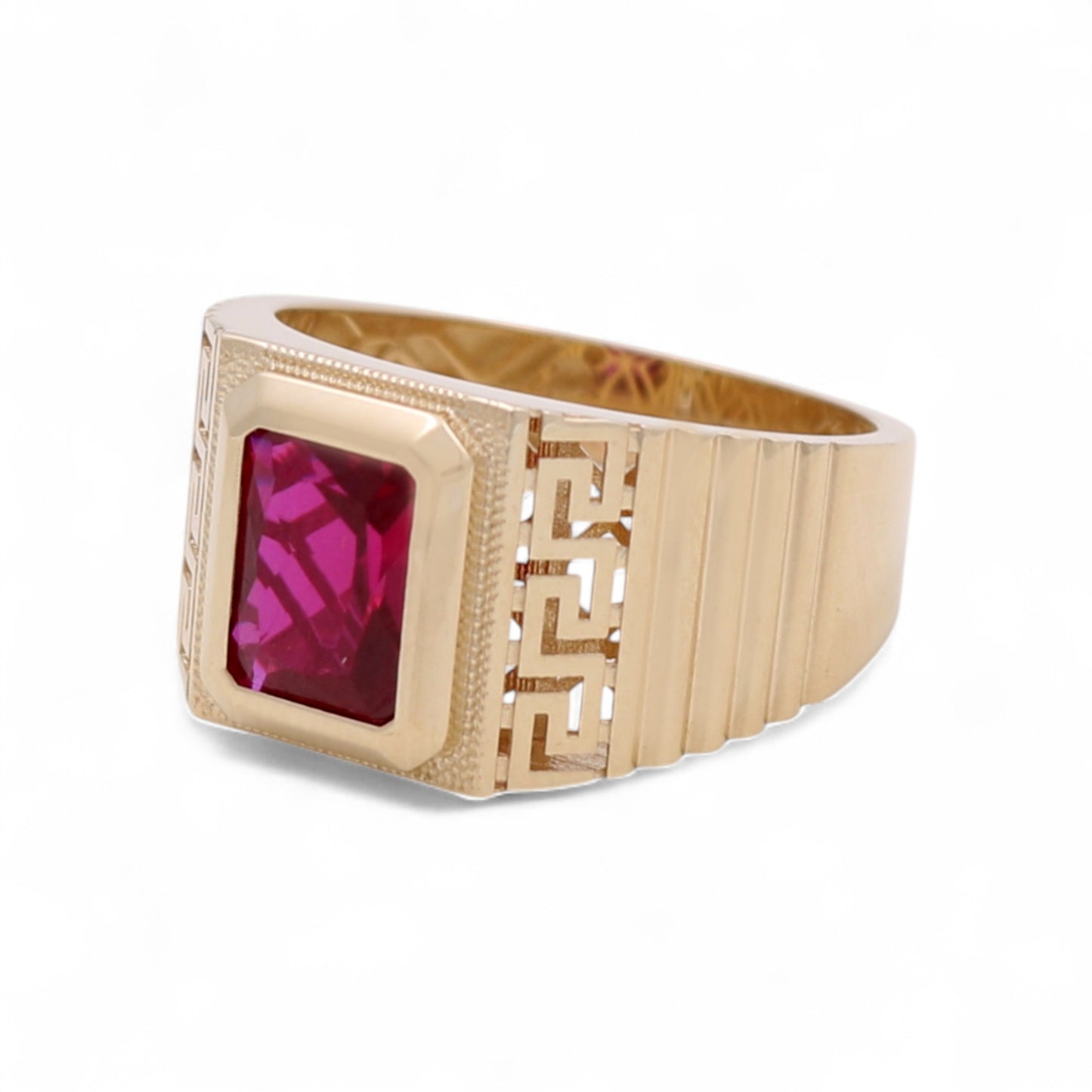 10K Yellow Gold SQ Men's Ring With Red Cz and Greek / Size: 11.5 / Weight: 4.9 GR / BQMR0GR