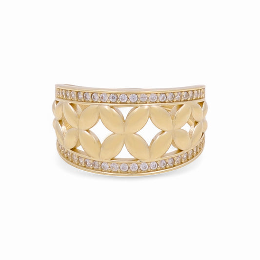 14K Yellow Gold Flowers Women's Ring with White Cz / Size: 9 / Weight: 3.2 GR / DQWR4FL-4