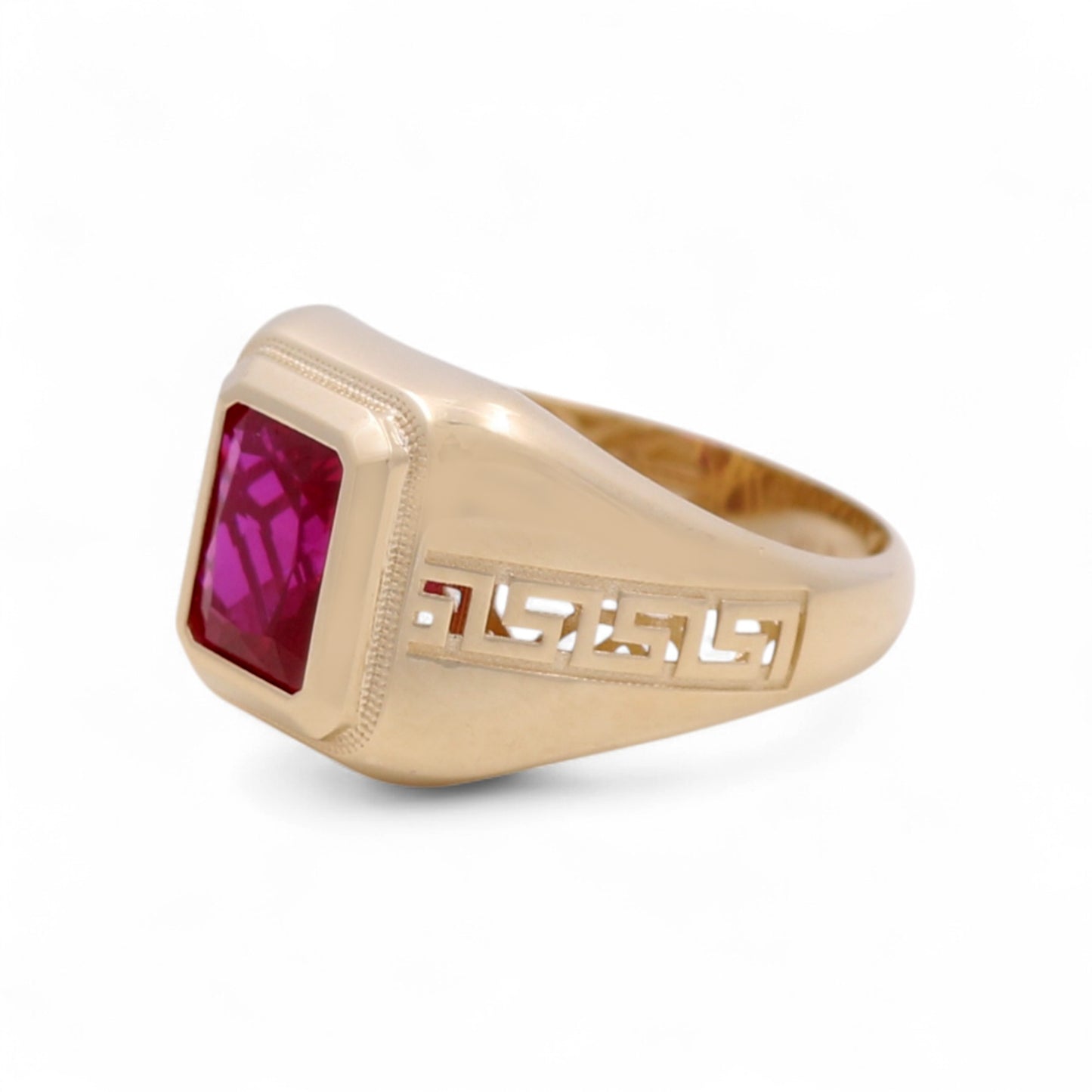 10K Yellow Gold SQ Men's Ring With Red Cz and Greek / Size: 11 / Weight: 4.1 GR / BQMR0GR-1