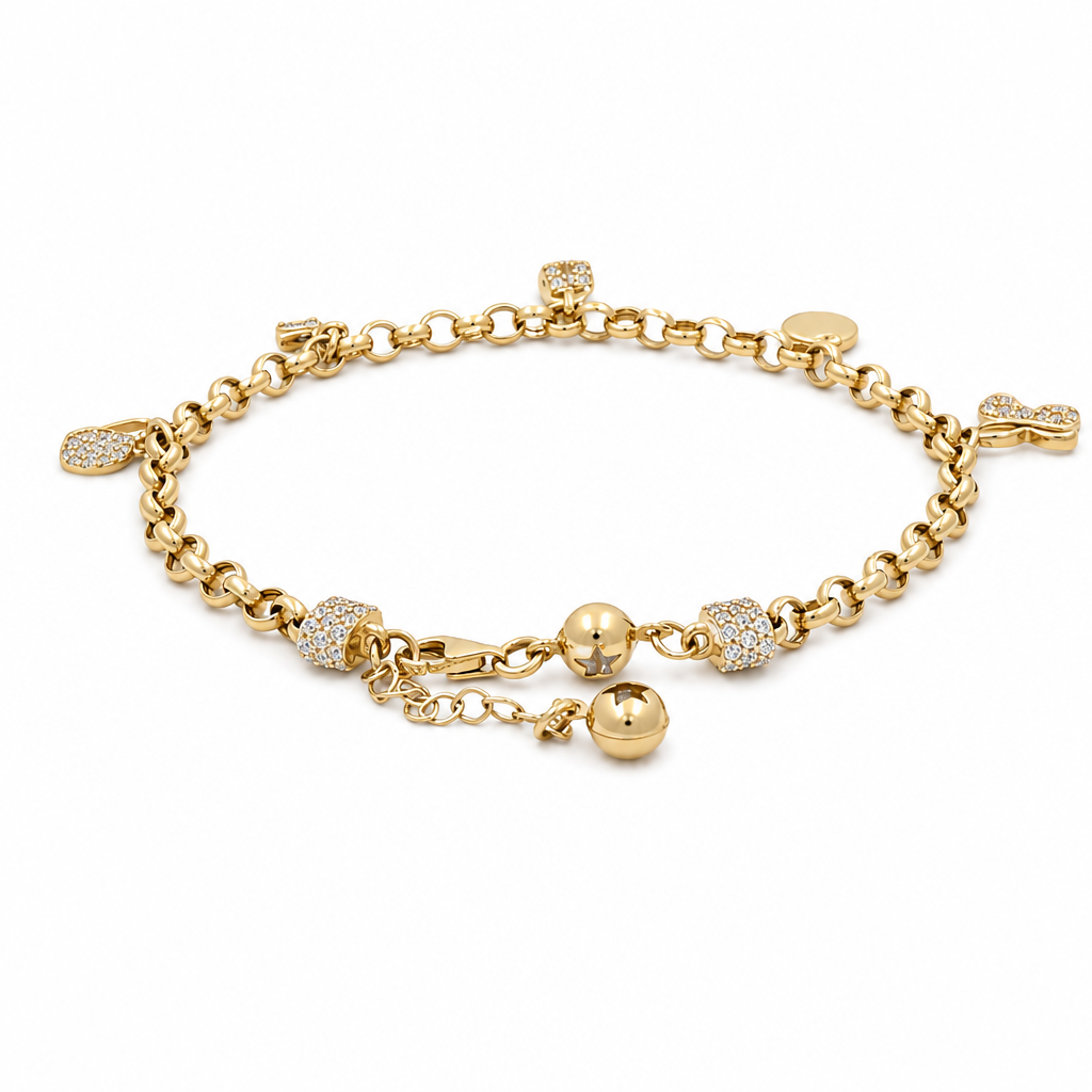 14k Yellow Gold Rolo Link Women's Bracelet with Charms and Cz / Size: 8" / Weight: 6.7 GR / CCFWB4FS-12