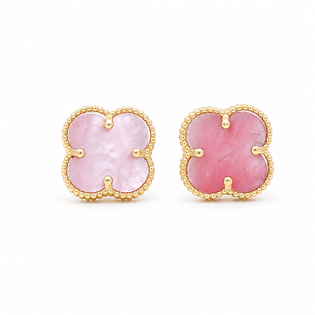 14K Yellow Gold Pink Clover Stud Earrings / Size: 11MM / Weight: 1.7 GR / CQES4CLV