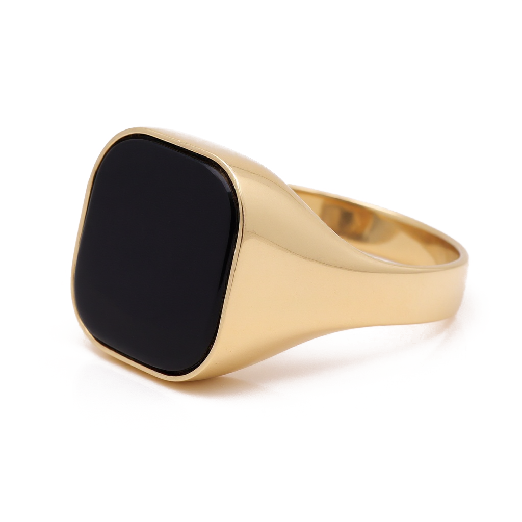 14K Yellow Gold SQ Men's Ring with Onyx / Size: 10.5 / Weight: 6.4 GR / BOMR4FS-46