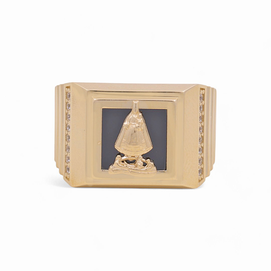 14K Yellow Gold Virgen de la Caridad Men's Ring with Onix and Cz / Size: 10 / Weight: 7.3 GR / P04FM-485