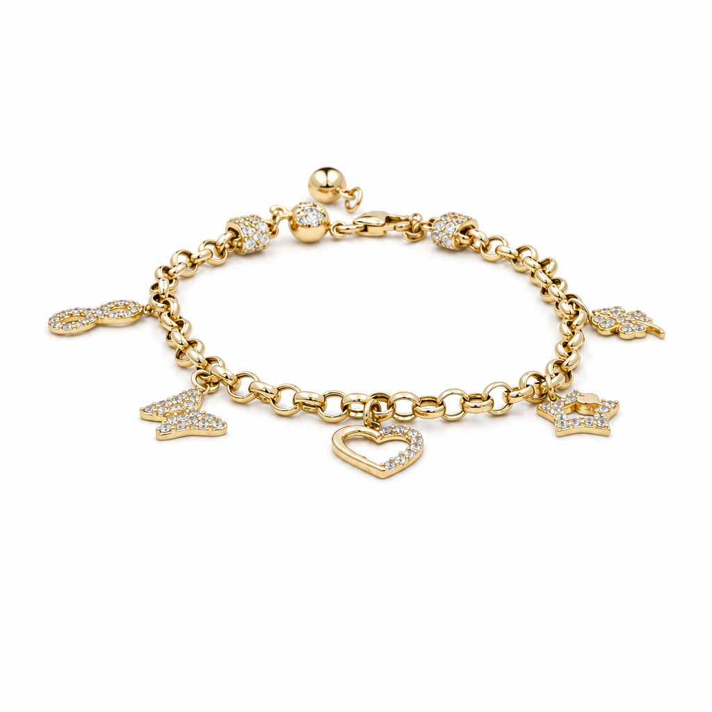 14k Yellow Gold Rolo Link Women's Bracelet with Charms and Cz / Size: 7.5" / Weight: 6.9 GR / CCFWB4FS-11