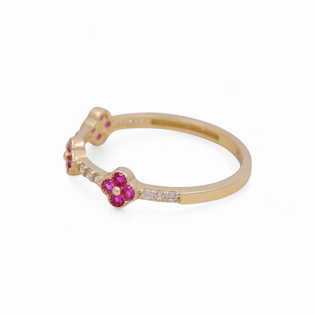 14K Yellow Gold Three Flower Women's Ring with Pink Cz / Size: 7 / Weight: 1.2 GR / Y24-1259