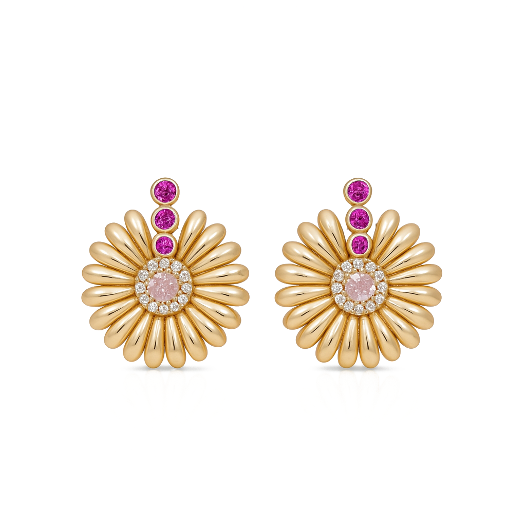10K Yellow Gold Flower Women's Stud Earrings with Pink Cz / Weight: 3.6 GR / DQES0FL
