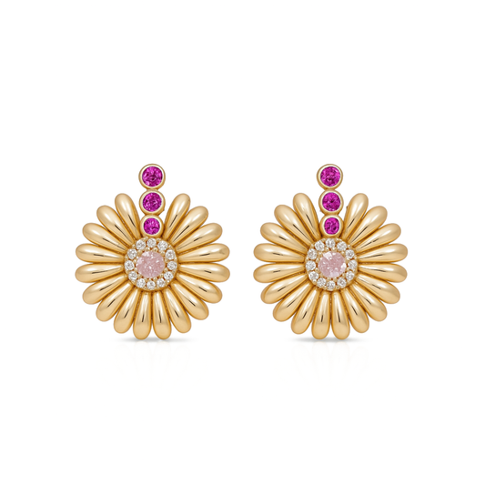 10K Yellow Gold Flower Women's Stud Earrings with Pink Cz / Weight: 3.6 GR / DQES0FL