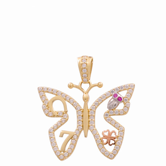 14K Yellow, White and Rose Gold Lucky Butterfly Pendant with White Cz and Owl / Weight: 2.6 GR / CPPD3T4BTBO