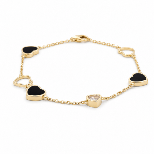 10K Yellow Gold Fashion Black Hearts Women's Bracelet / Cz / Size: 7” / Weight: 4.2 GR / CQWB0FSHR